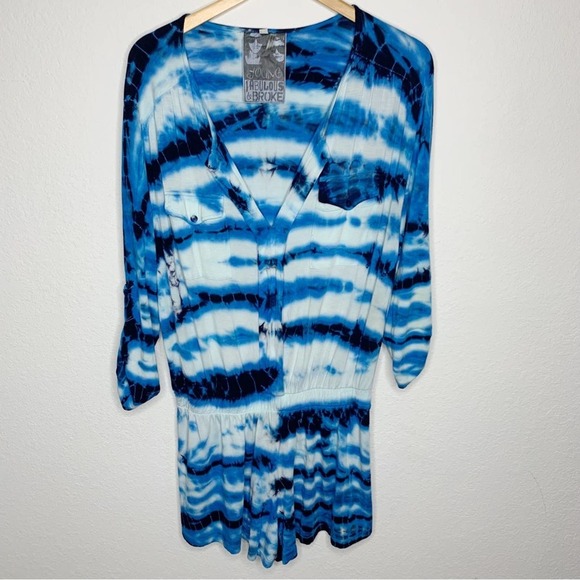 Young Fabulous & Broke 'Malik' Utility Blue Tie Dye Roll Tabbed Sleeves Romper - Picture 3 of 10